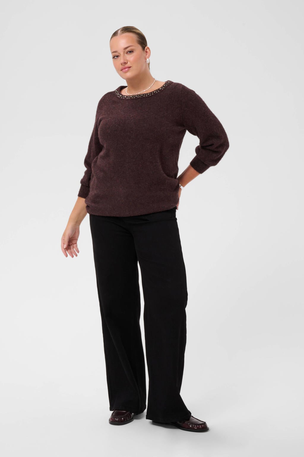 Kaffe Curve Plus Size gebreide trui met studs en wol - roodbruin