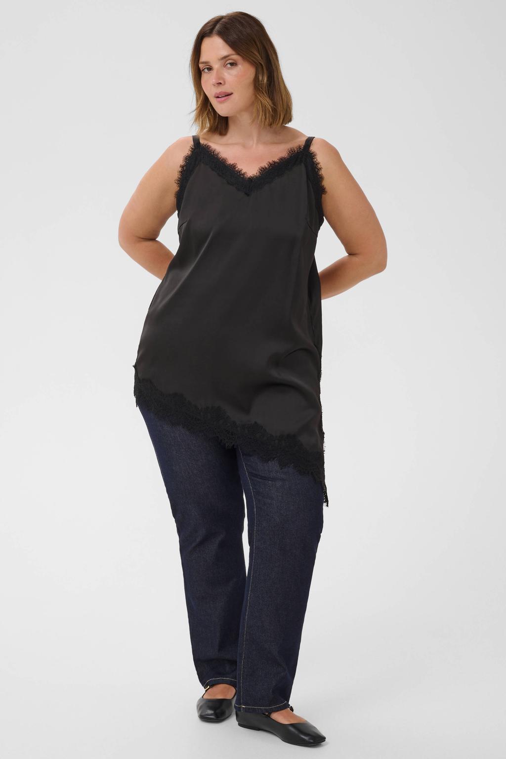 Zwarte dames Kaffe Curve Plus Size top van polyester met effen en spaghettibandjes