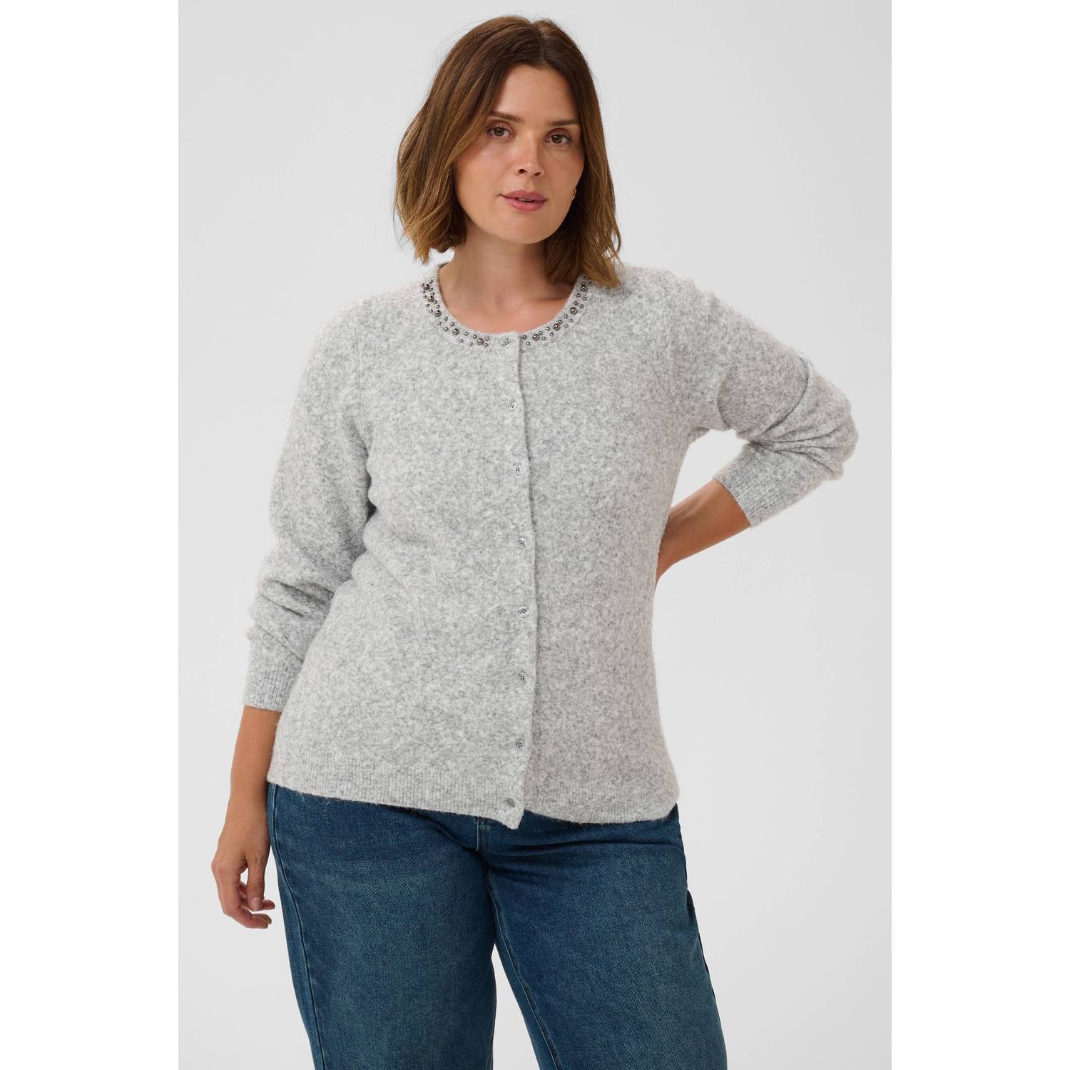 Kaffe Curve Plus Size gebreid vest met studs en wol grijs