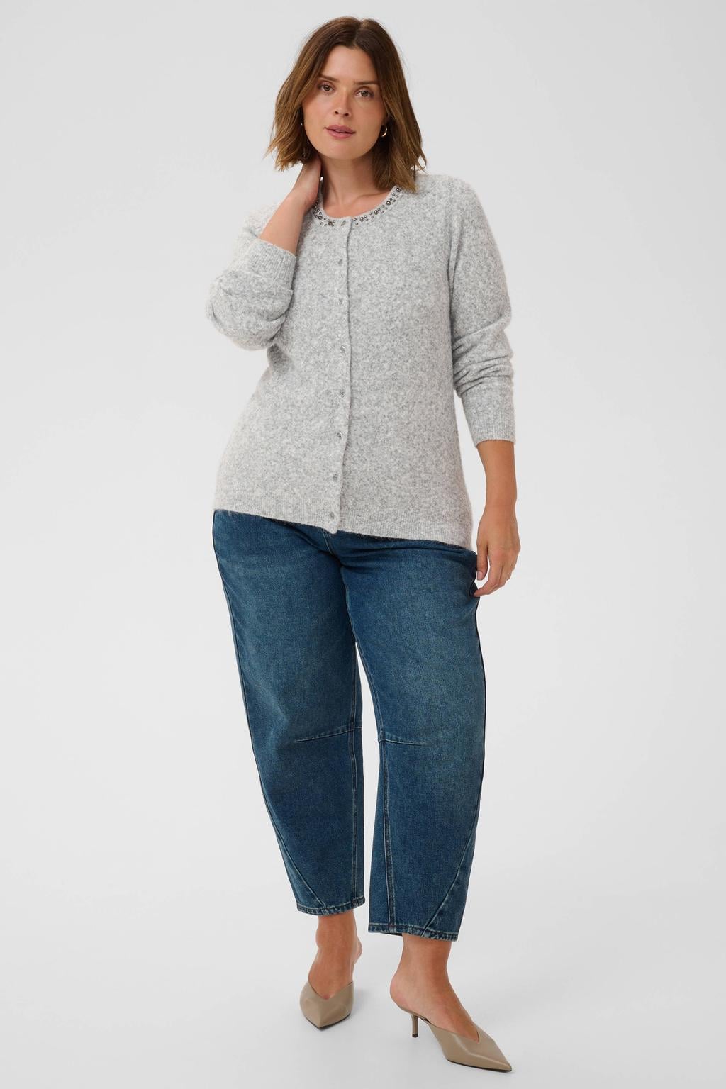 Grijze dames Kaffe Curve Plus Size gebreid vest en wol met lange mouwen en knoopsluiting