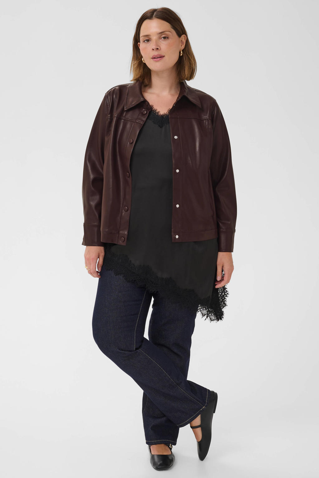 Kaffe Curve Plus Size imitatieleren jas - donkerrood