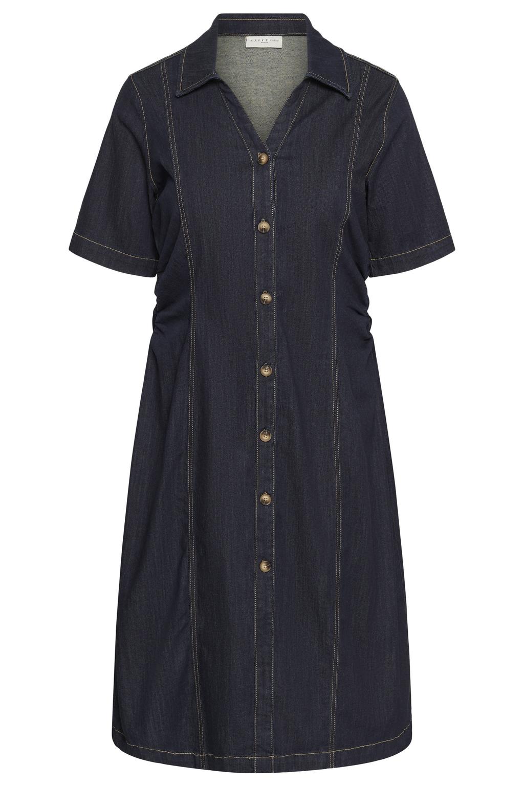 Donkerblauwe dames Kaffe Curve spijkerjurk Plus Size van denim met effen, korte mouwen en klassieke kraag