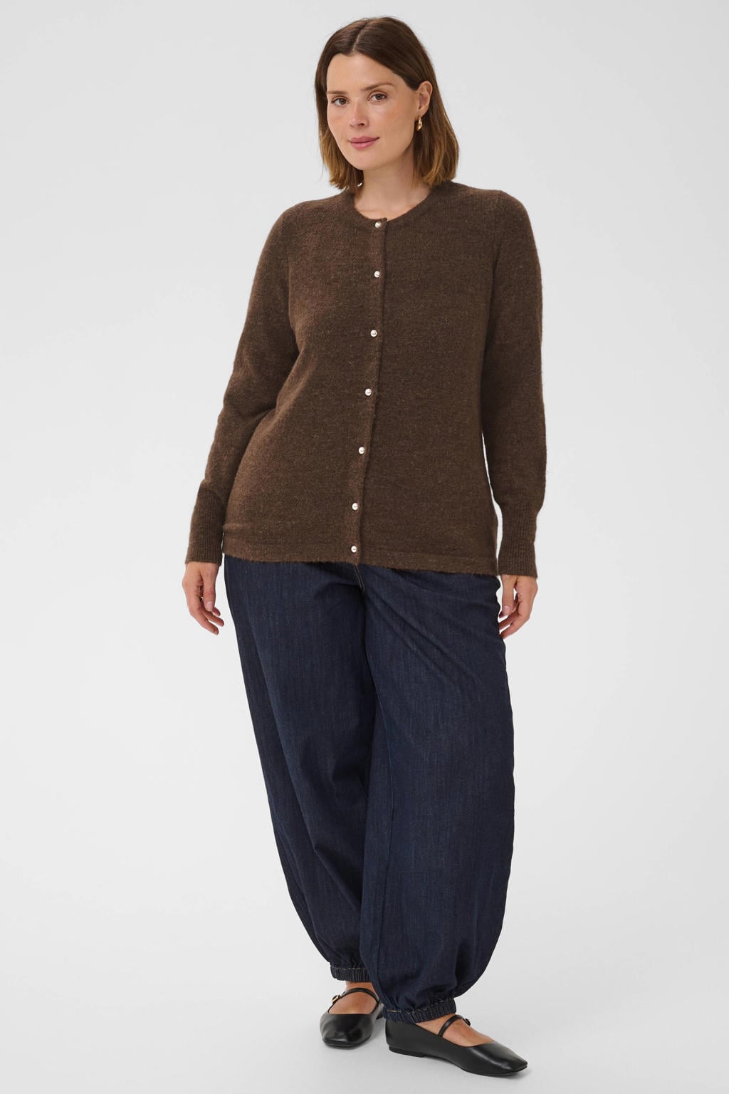 Kaffe Curve Plus Size gebreid vest met wol - bruin