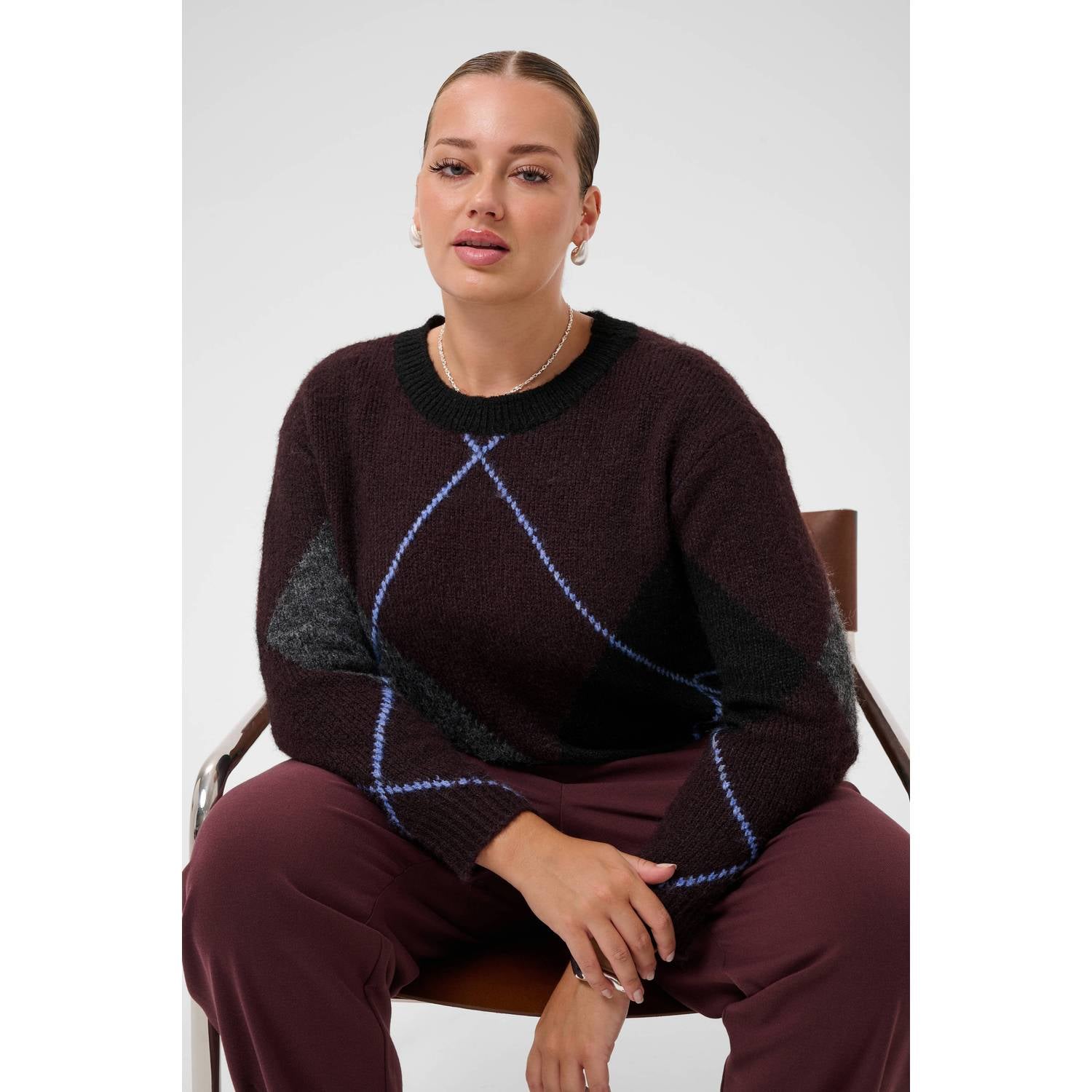 Kaffe Curve Plus Size wollen gebreide geruite trui roodbruin zwart grijs blauw