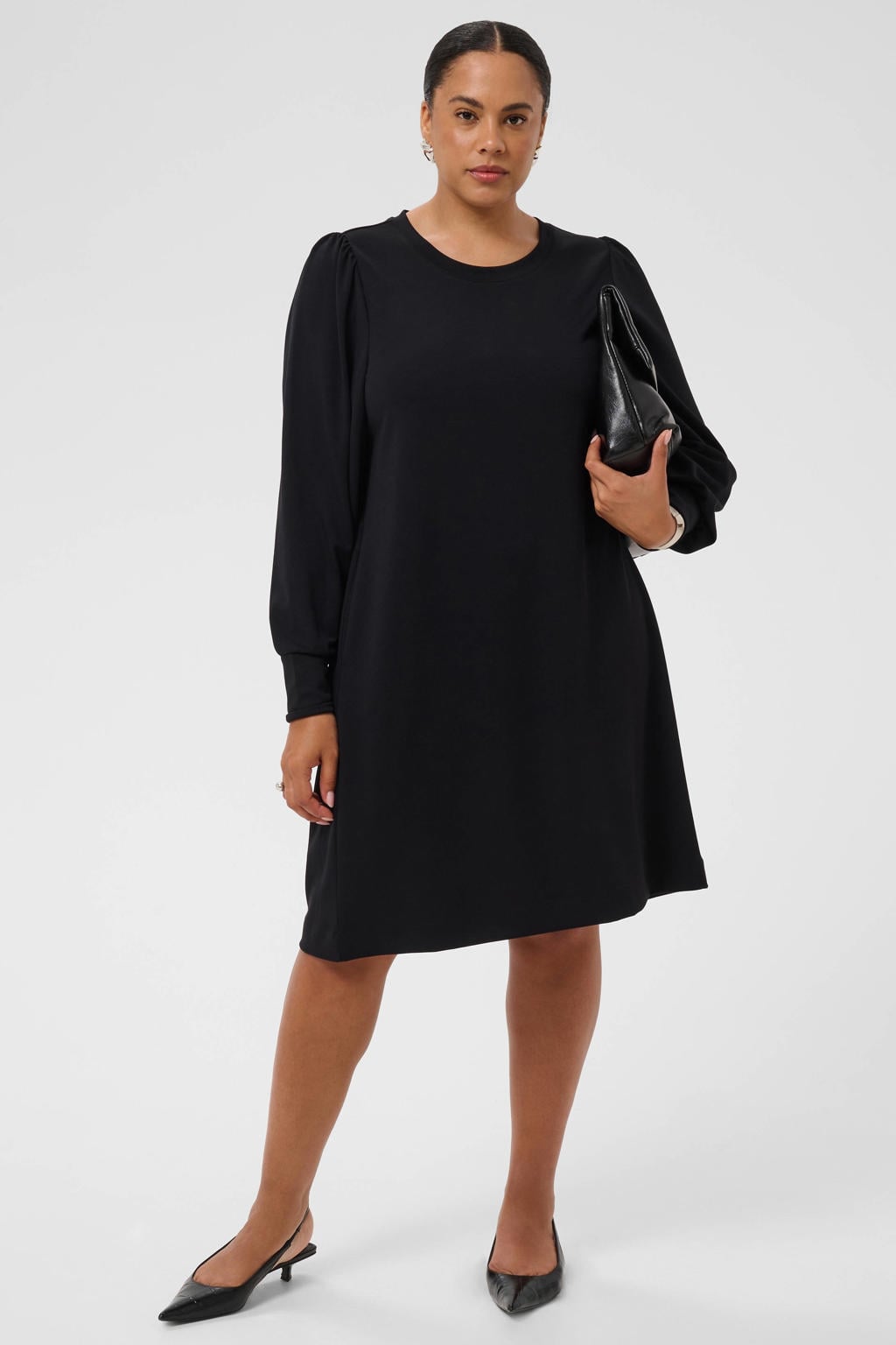 Zwarte dames Kaffe Curve tuniek Plus Size van katoen-polyester met effen en lange mouwen
