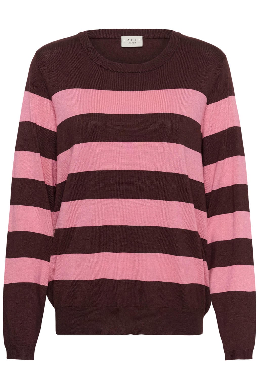 Bruin en roze dames Kaffe Curve katoenen gestreepte gebreide trui Plus Size met lange mouwen