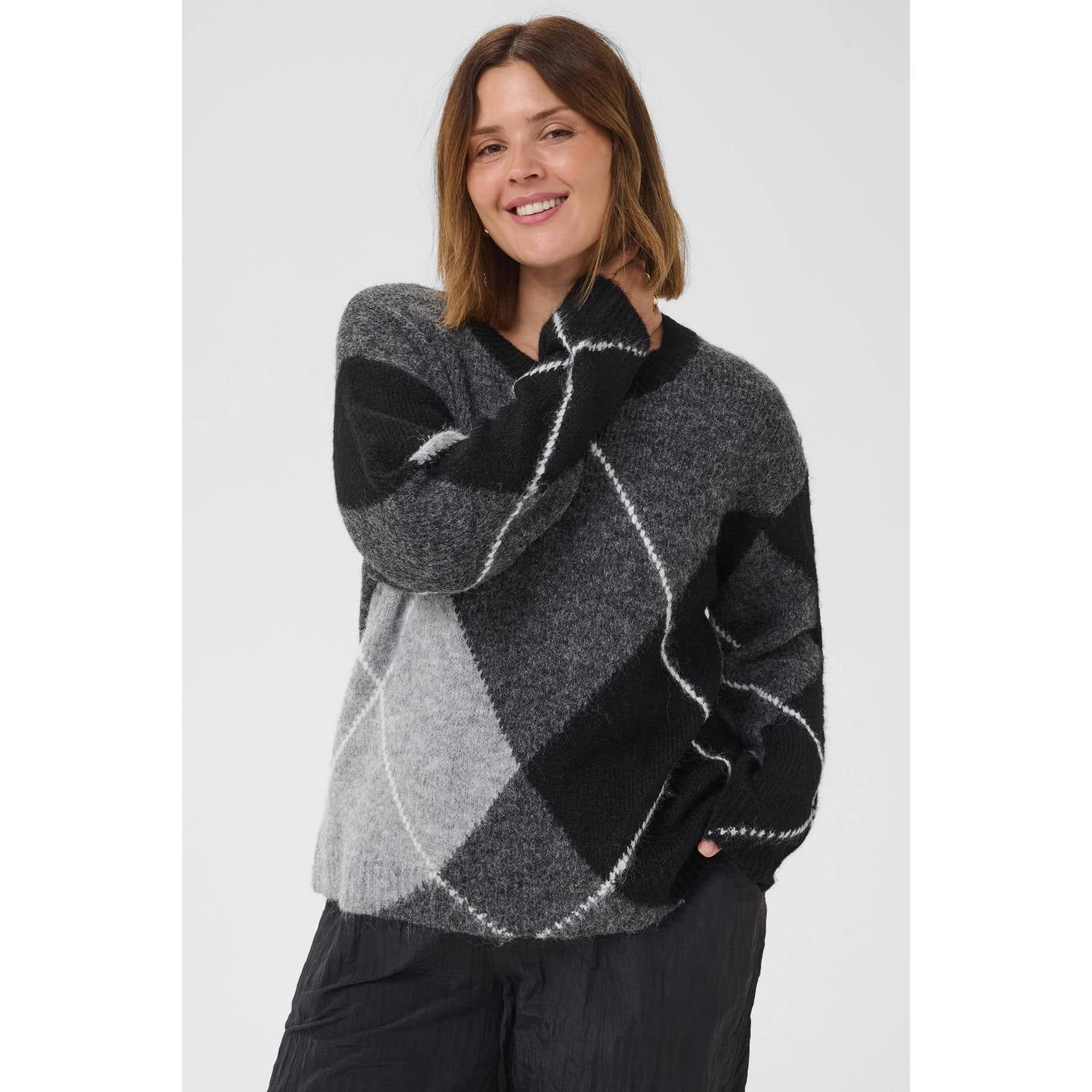 Kaffe Curve Plus Size gebreide geruite trui met wol grijs zwart wit