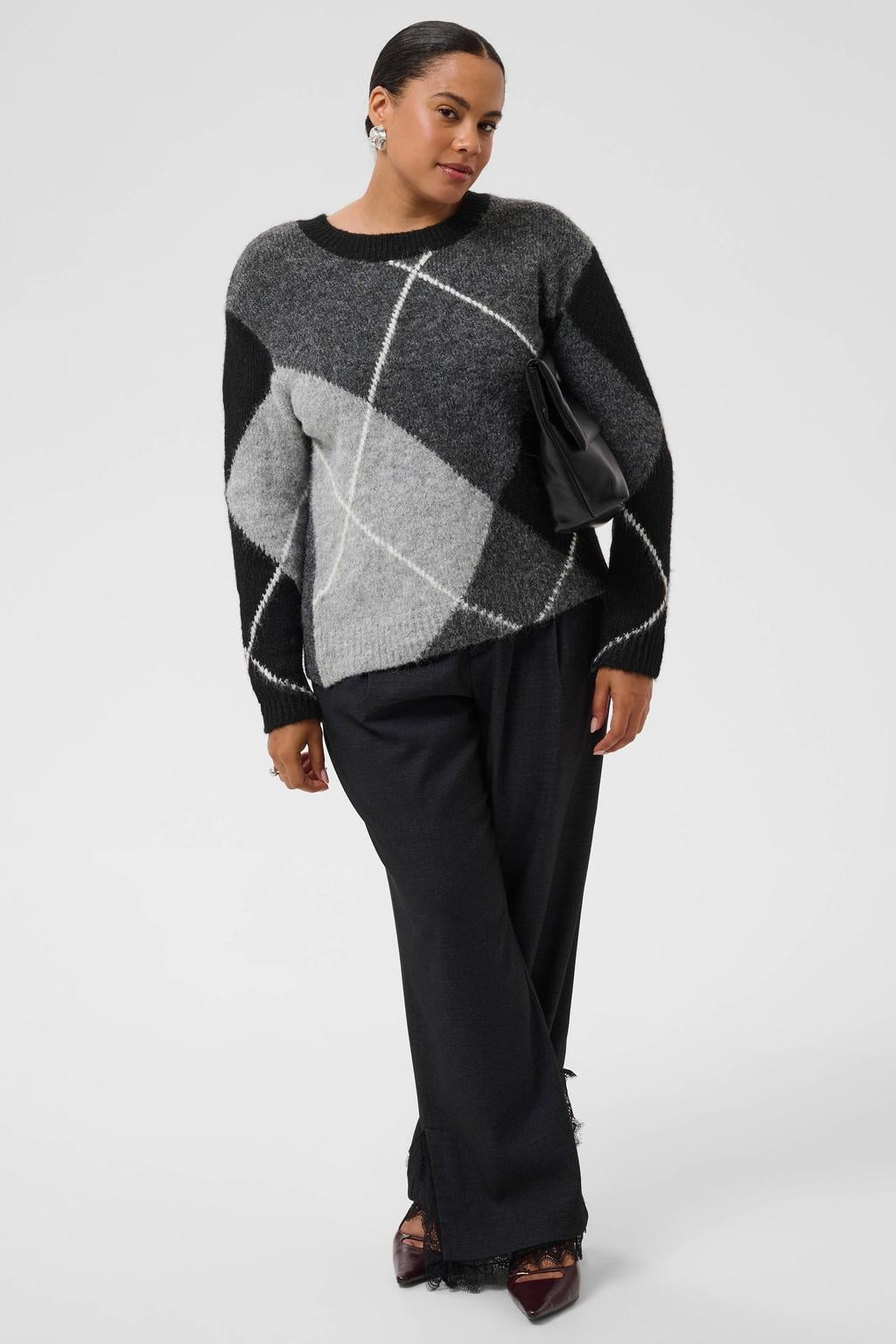 Kaffe Curve Plus Size gebreide geruite trui met wol - grijs/zwart/wit