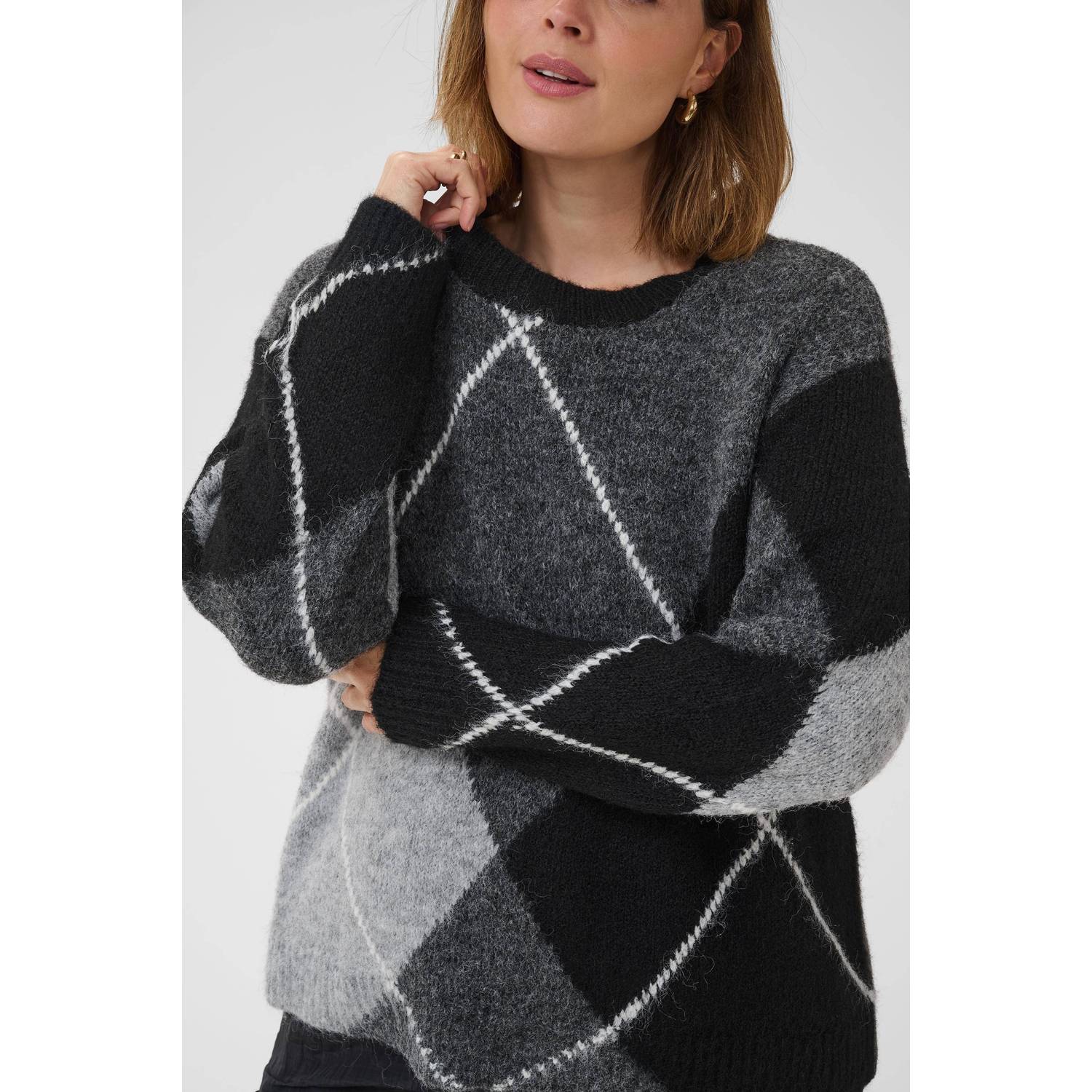 Kaffe Curve Plus Size gebreide geruite trui met wol grijs zwart wit