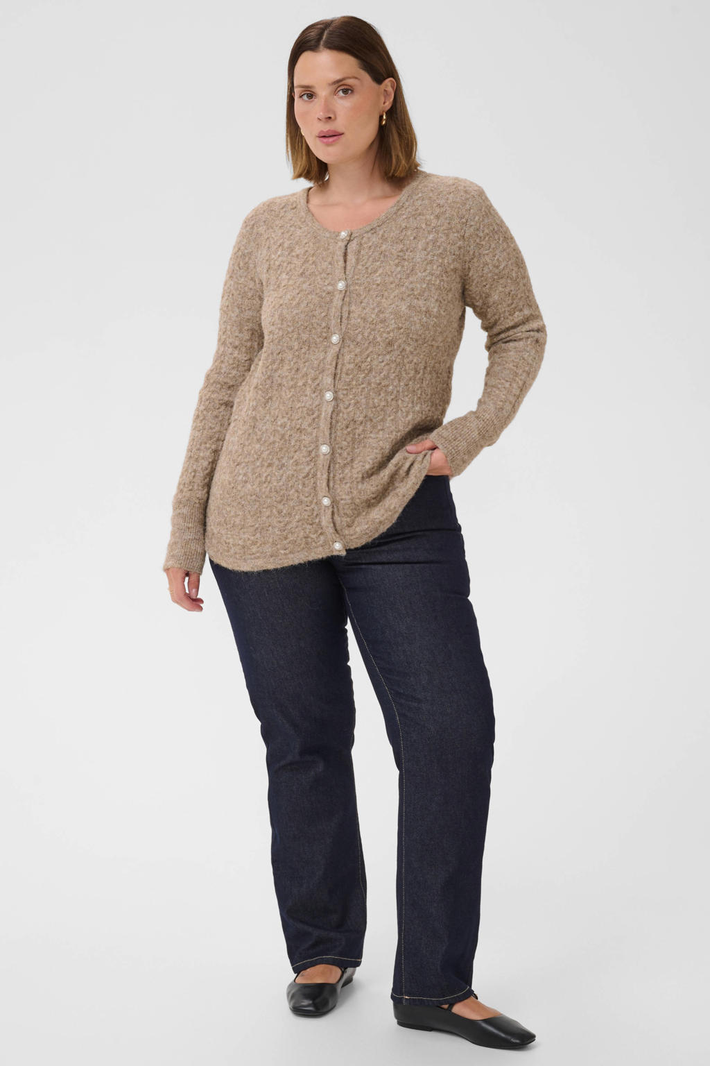 Kaffe Curve Plus Size gebreid vest met wol - beige