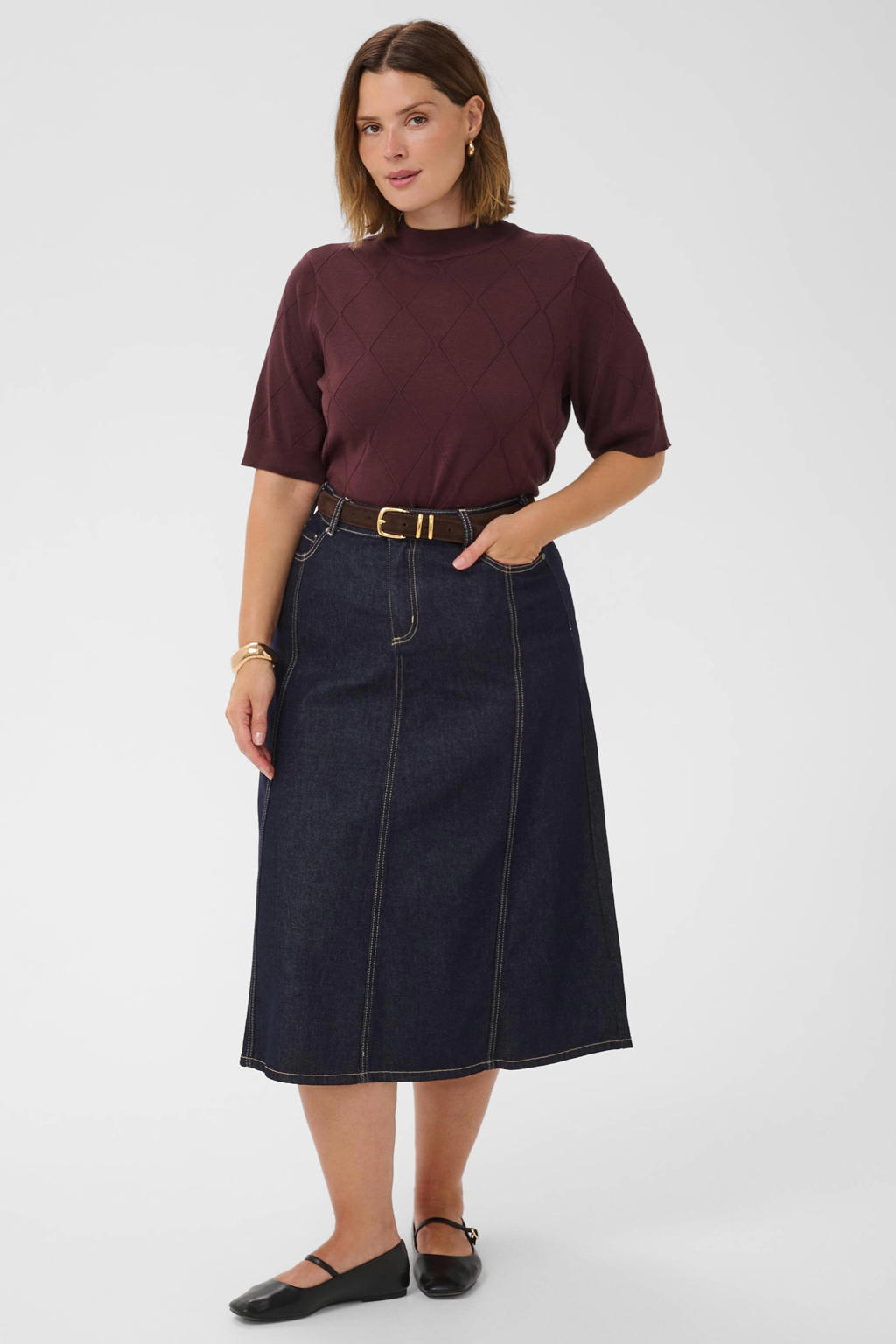 Donkerrode dames Kaffe Curve pullover Plus Size van viscose met effen en korte mouwen