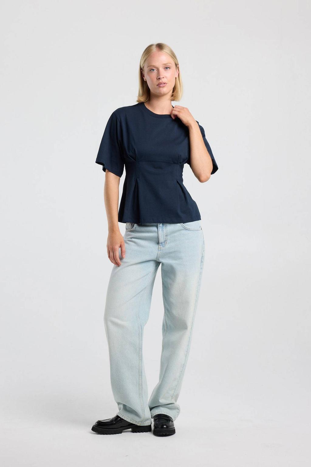 Donkerblauwe dames America Today T-shirt van katoen met effen, korte mouwen, ronde hals en plooien