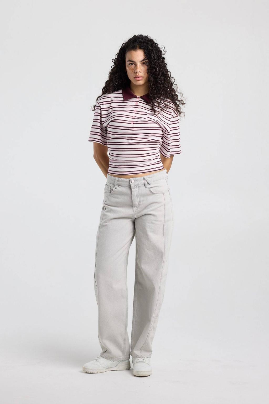 Grey denim dames America Today barrel jeans van denim met regular waist, rits- en knoopsluiting en effen