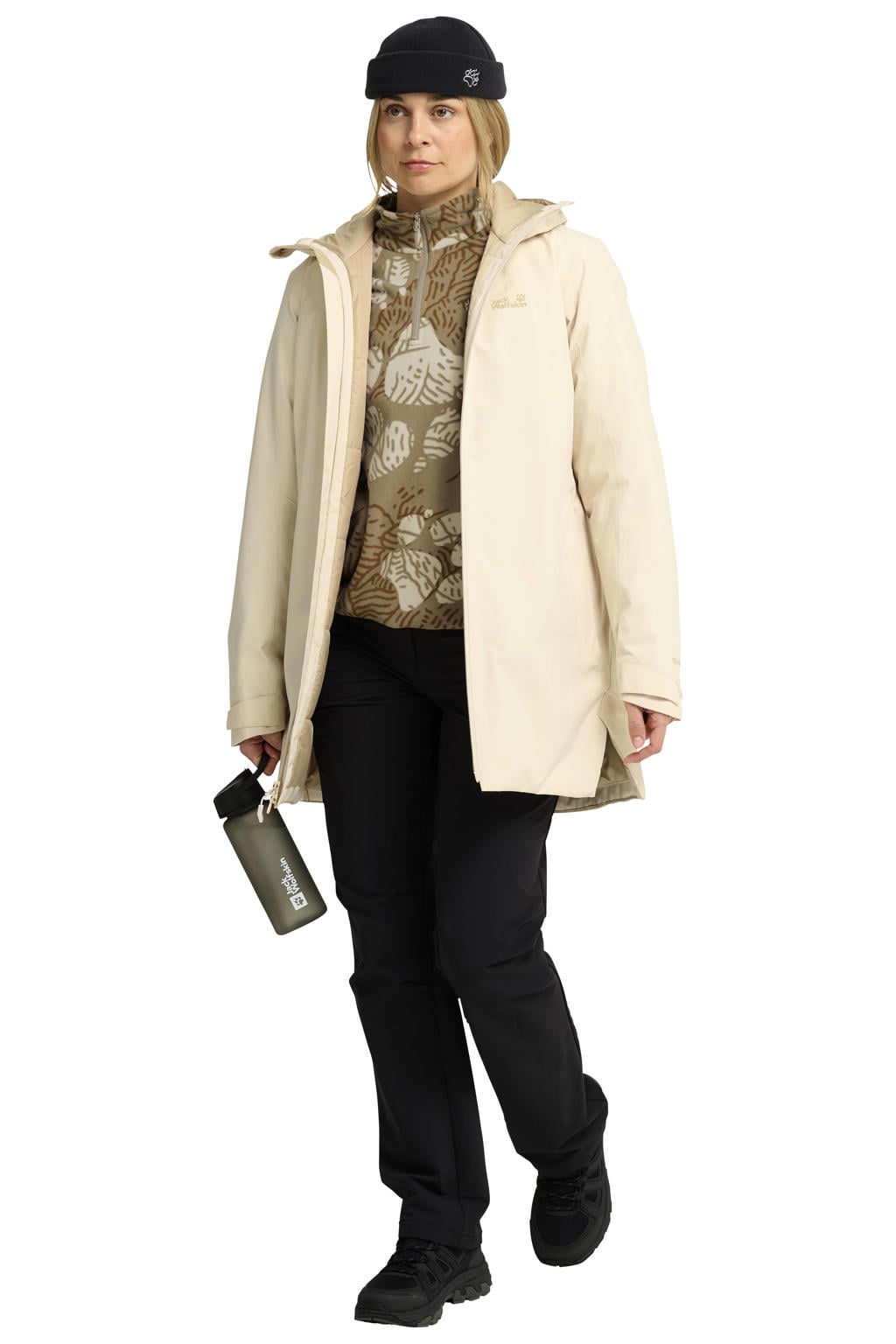 Lichtbruin en ecru dames Jack Wolfskin oversized fleecetrui van polyester met lange mouwen, opstaande kraag en halve rits