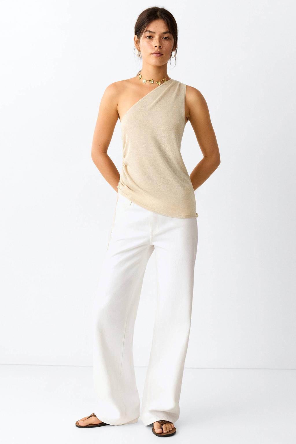 Witte meisjes MANGO TEEN low waist wide leg jeans van denim met rits- en knoopsluiting en effen
