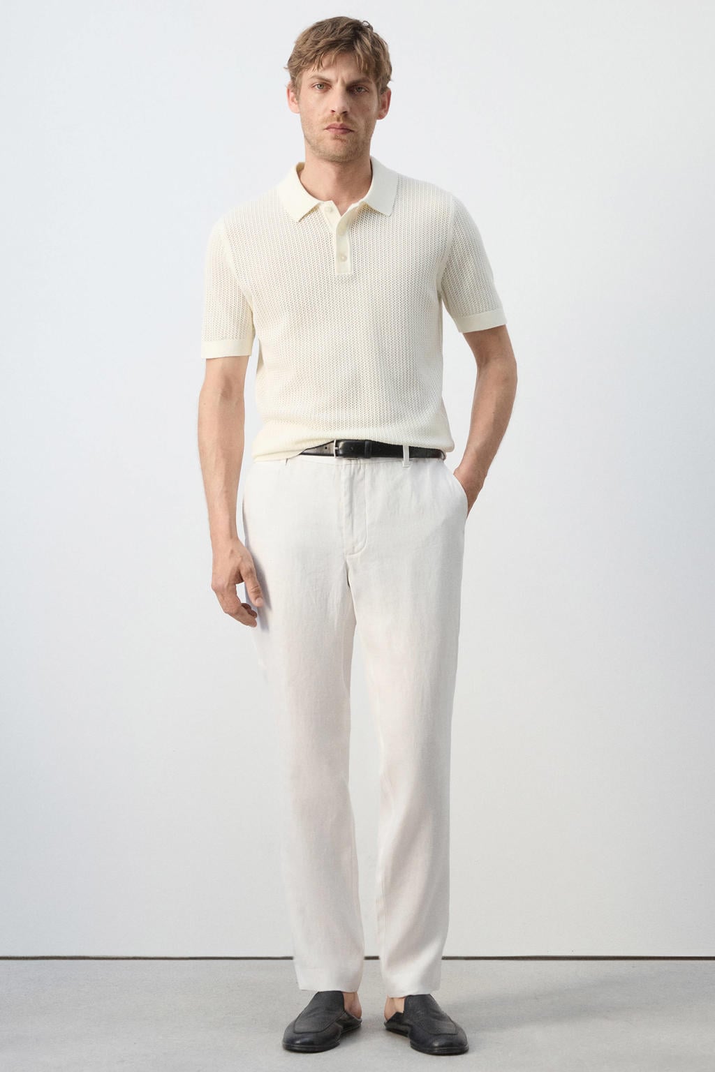 Mango Man slim fit chino met linnen - naturel/wit