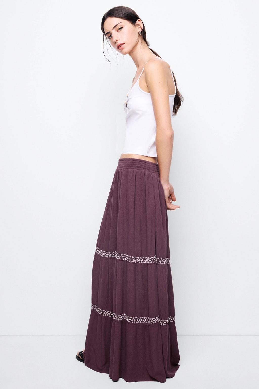Aubergine meisjes MANGO TEEN maxi rok met borduursels gemaakt van viscose