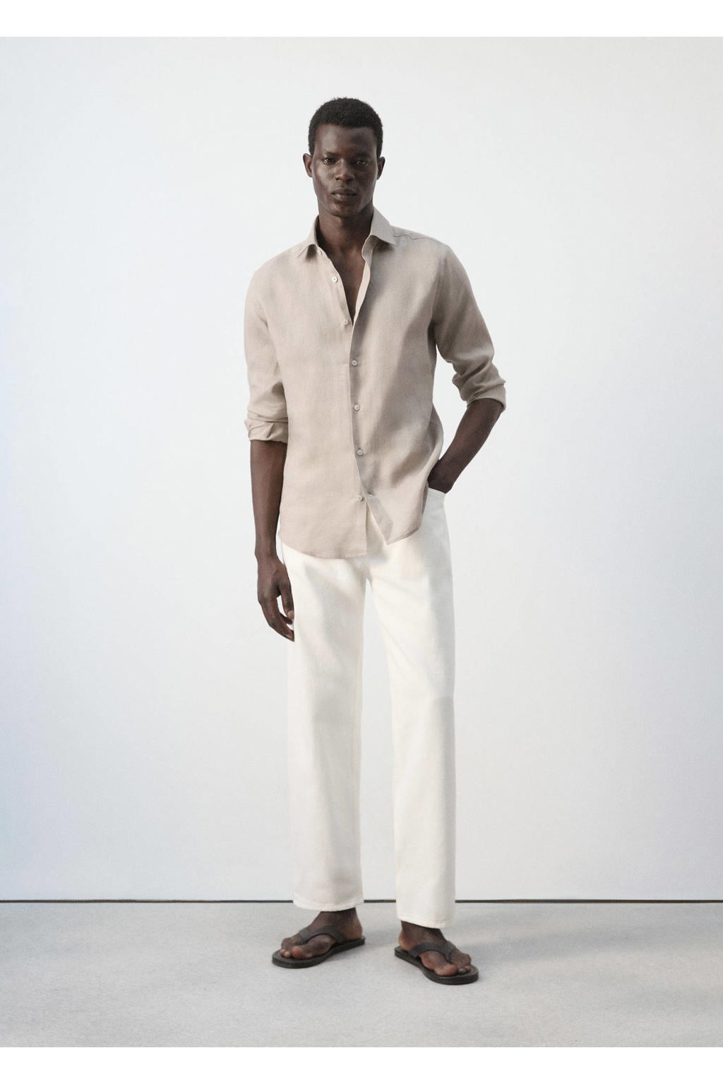 Mango Man linnen slim fit overhemd - pastelbruin