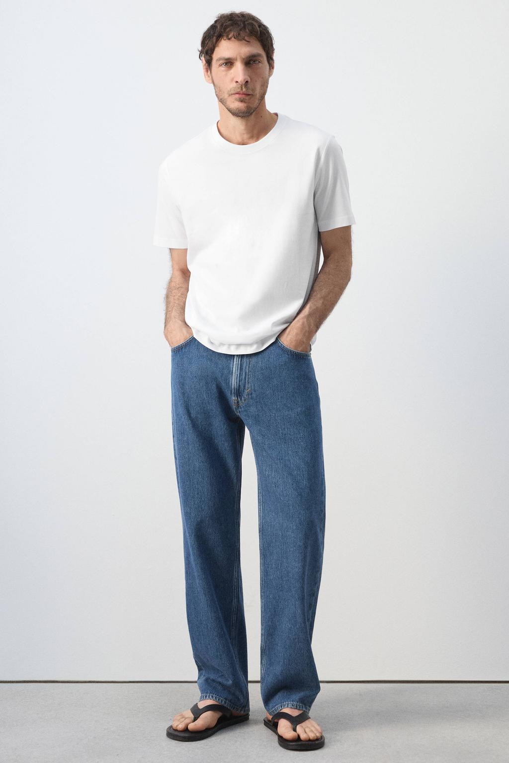 Witte heren Mango Man slim fit T-shirt van katoen met effen, korte mouwen en ronde hals