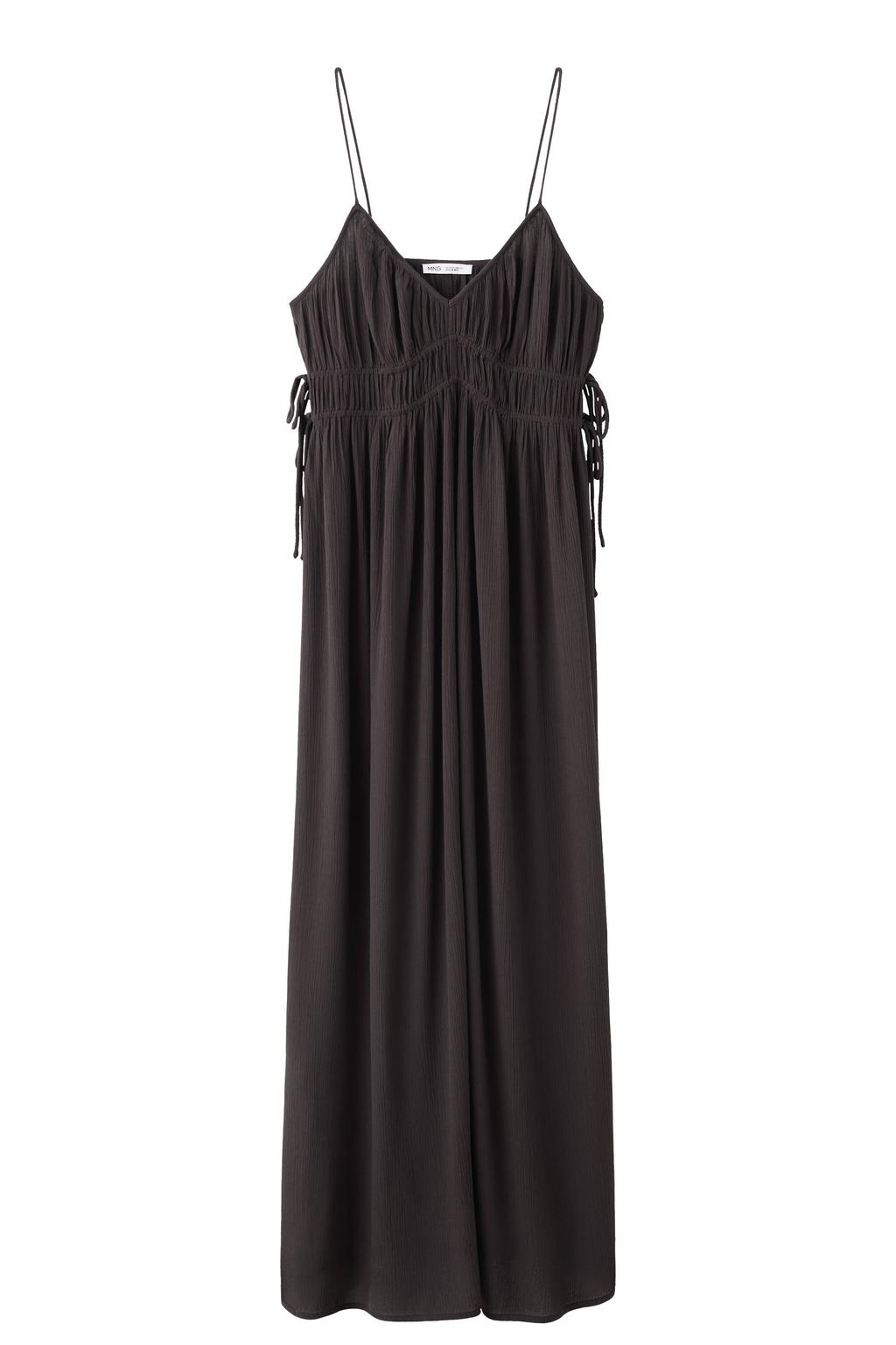 Bruin en paarse meisjes MANGO TEEN maxi jurk met smockwerk van viscose met effen, spaghettibandjes en V-hals