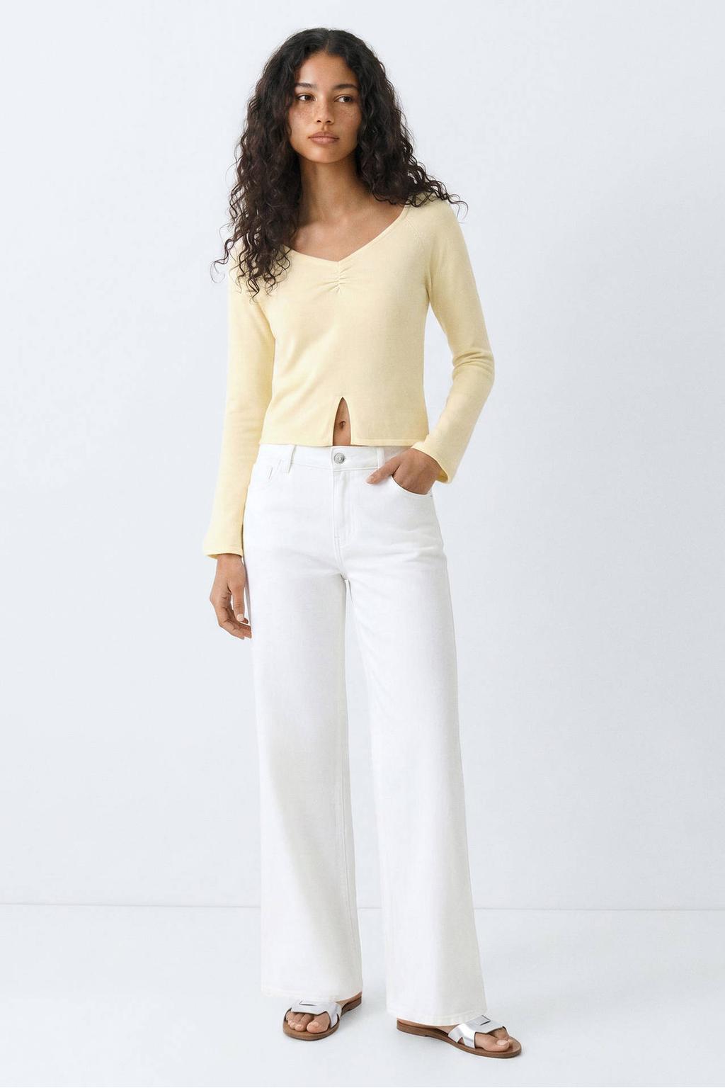 Lichtgele meisjes MANGO TEEN gebreide top met effen, lange mouwen en V-hals