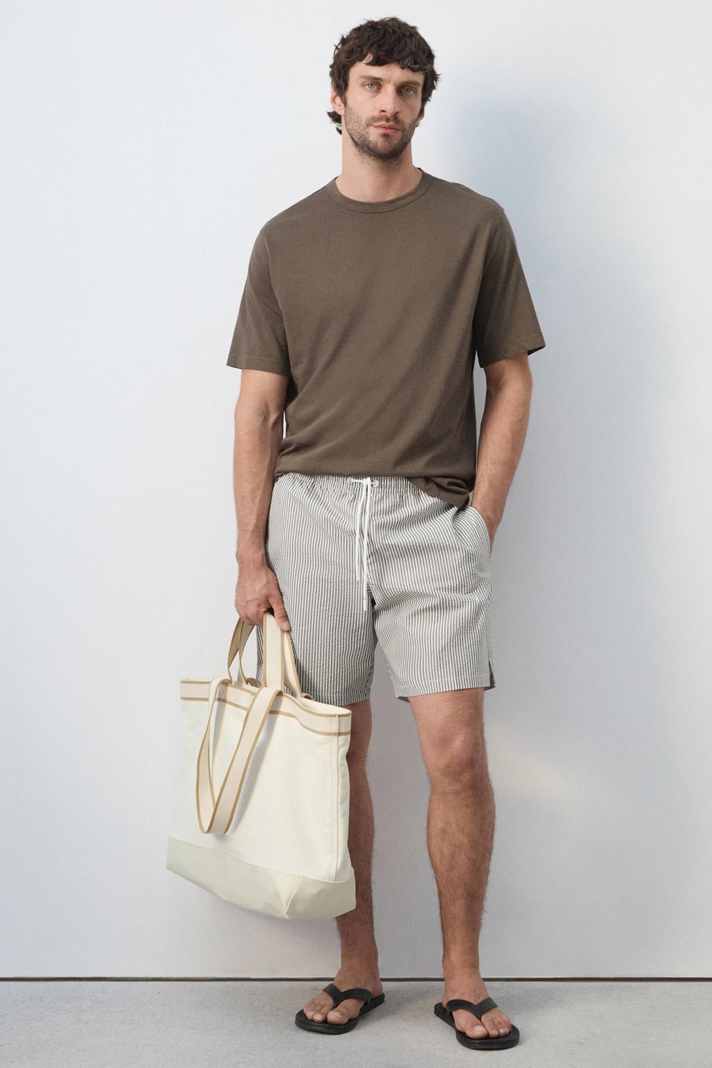 Mango Man gestreepte zwemshort - beige/wit