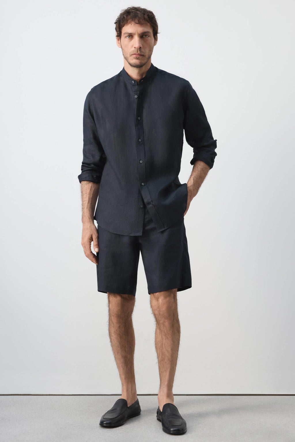 Mango Man linnen regular fit overhemd - marineblauw