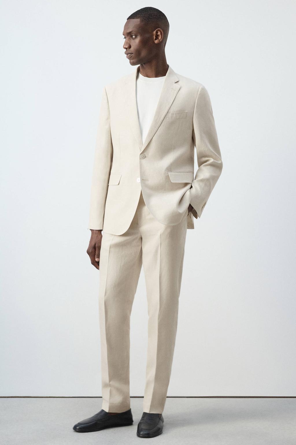 Beige heren Mango Man linnen slim fit colbert met effen en reverskraag