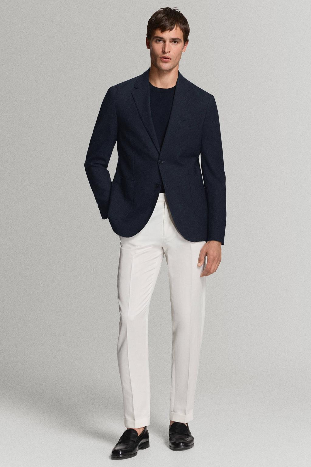 Donkerblauwe heren Mango Man slim fit colbert van polyester met effen en reverskraag