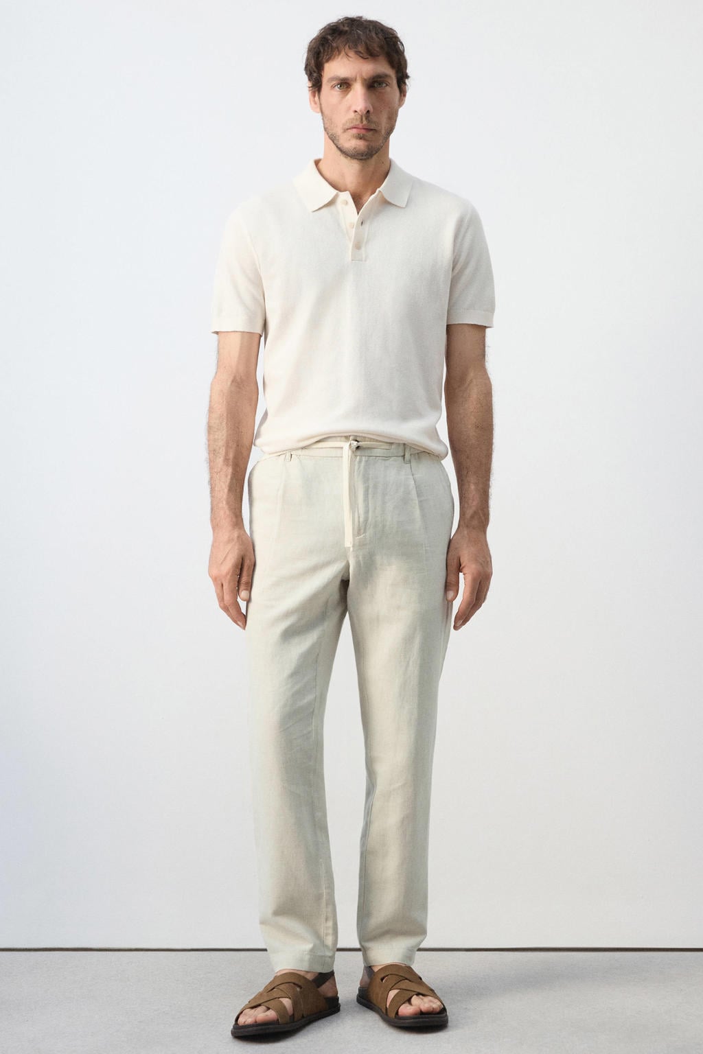 Mango Man slim fit broek met linnen - lichtbeige