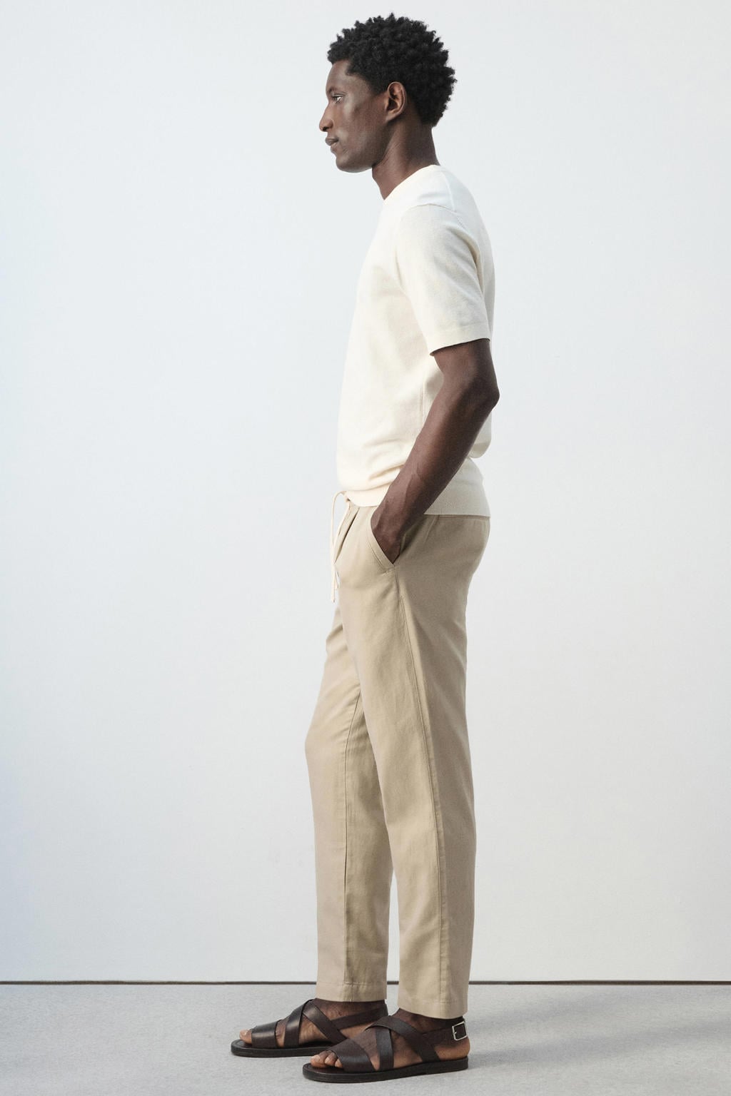 Mango Man slim fit casual broek met linnen - lichtbeige