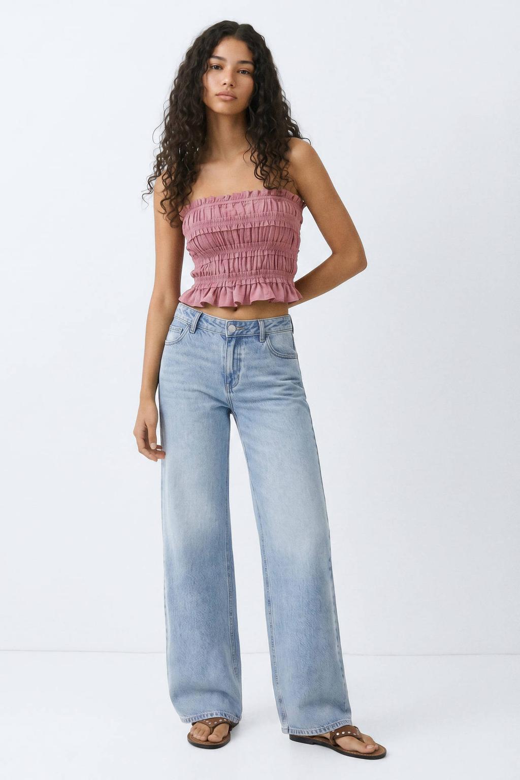 Oudroze meisjes MANGO TEEN strapless top met effen en elastische boord