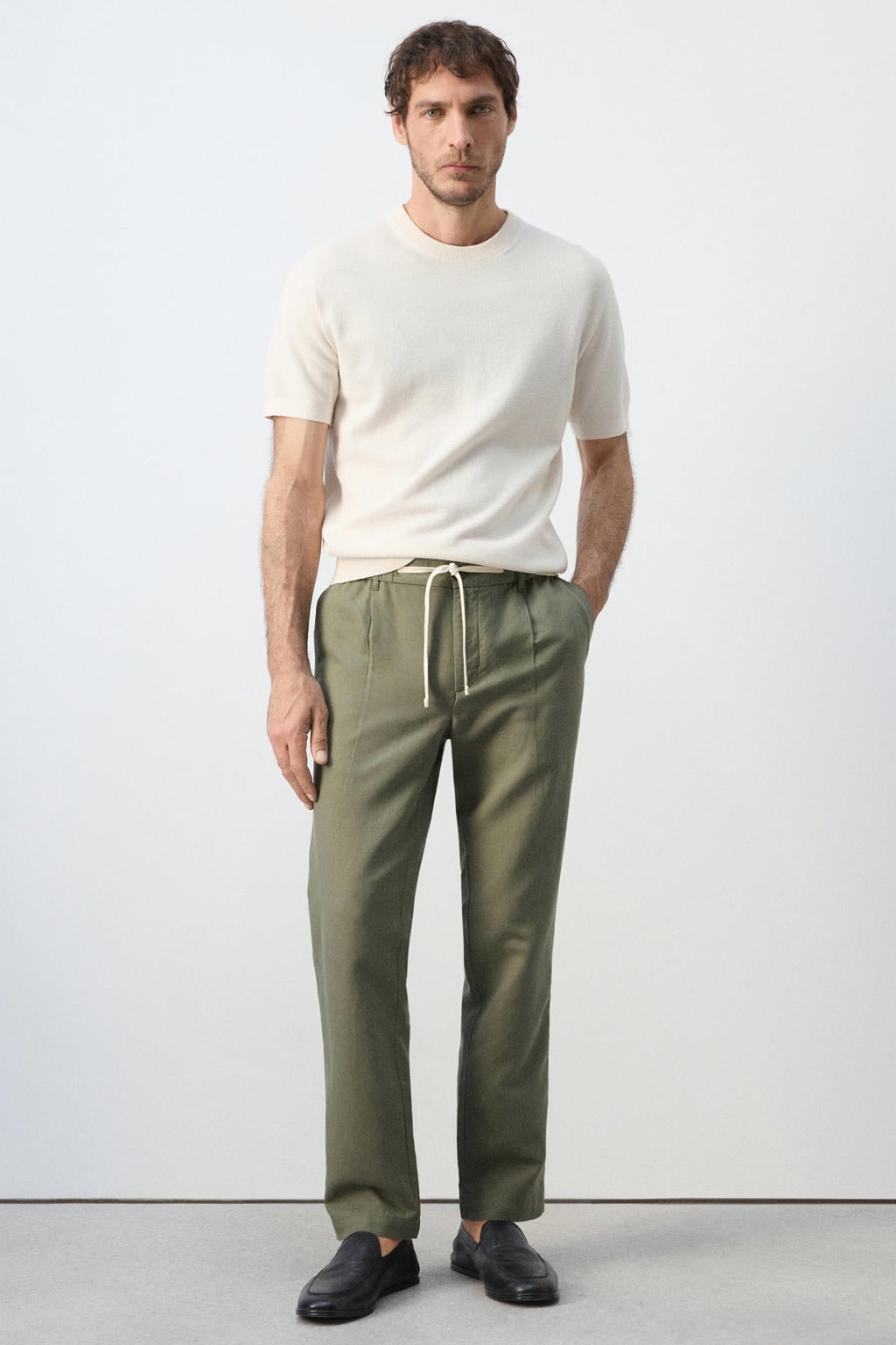 Mango Man slim fit casual broek met linnen - middengroen
