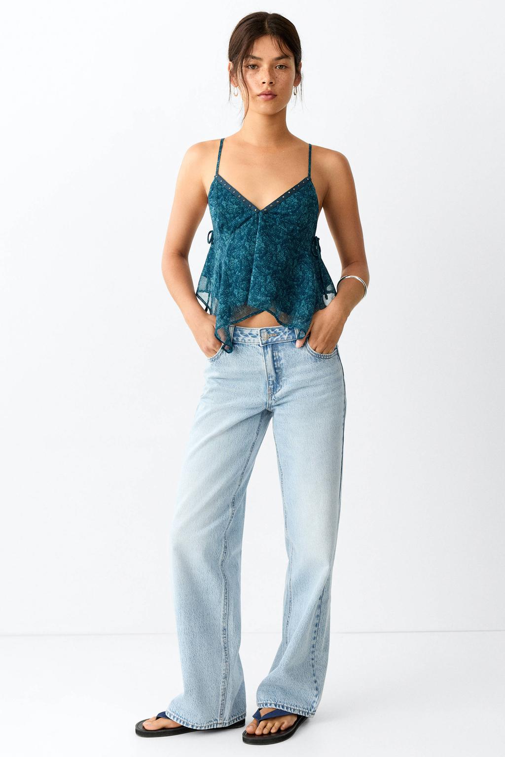 Light blue denim meisjes MANGO TEEN straight leg jeans van denim met rits- en knoopsluiting en effen