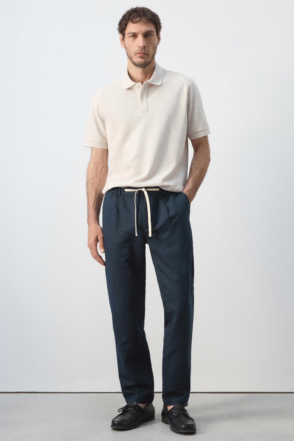 Mango Man slim fit casual broek met linnen - marine