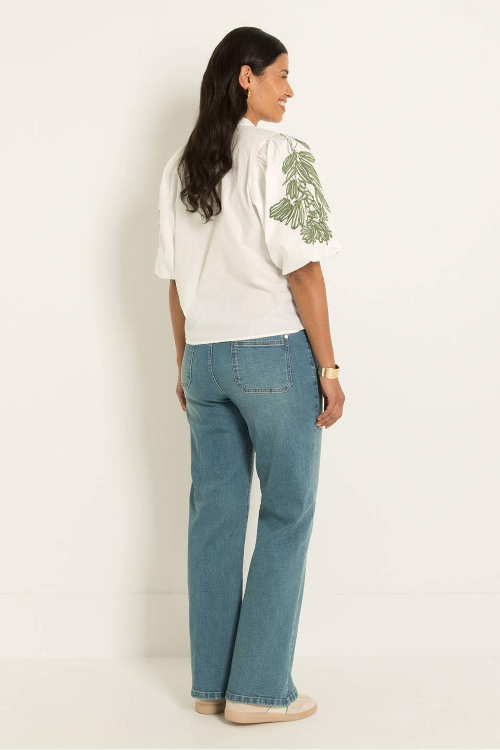 Witte dames CLAUDIA BY CLAUDIA STRÄTER blouse van katoen met effen, korte mouwen, klassieke kraag, knoopsluiting en borduursels