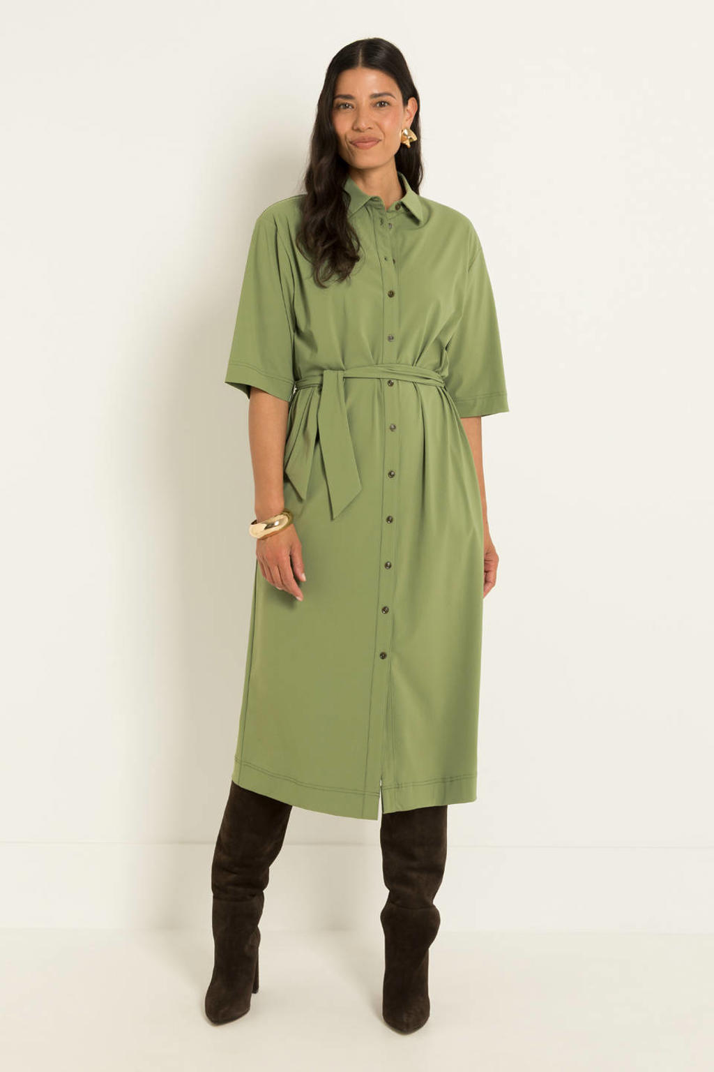 Groene dames CLAUDIA BY CLAUDIA STRÄTER midi jurk met effen, half lange mouwen, klassieke kraag en knoopsluiting
