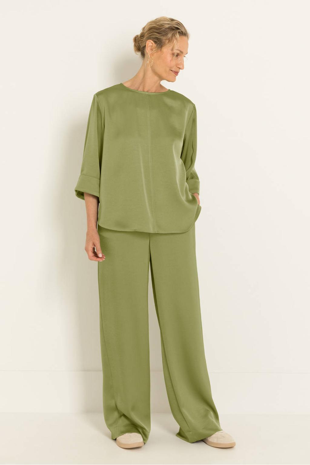 Groene dames CLAUDIA BY CLAUDIA STRÄTER high waist wide leg broek met elastische inzet en effen