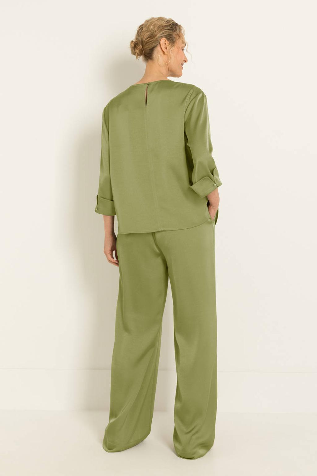 Groene dames CLAUDIA BY CLAUDIA STRÄTER blouse van polyester met effen, half lange mouwen, klassieke kraag en knoopsluiting