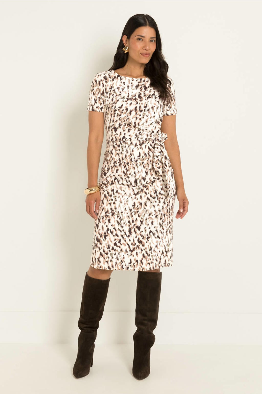 Ecru en bruine dames CLAUDIA BY CLAUDIA STRÄTER travelstof jurk met print met korte mouwen en ronde hals