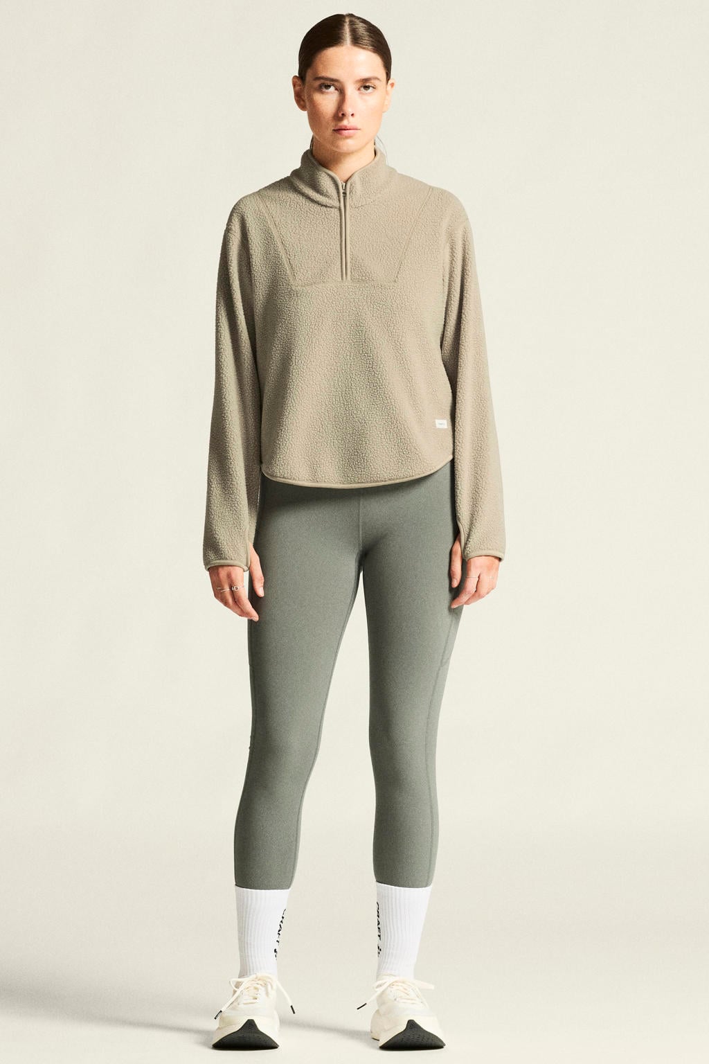 Beige dames Craft Join Pile rechtvallende fleecetrui met effen, lange mouwen, opstaande kraag en halve rits
