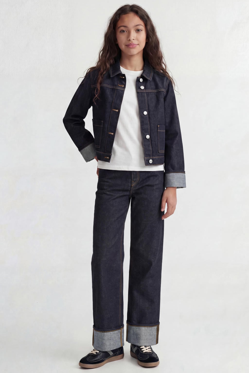 Dark blue denim meisjes JJXX GIRL spijkerjas van denim met effen, lange mouwen, widespread hals, knoopsluiting en omslagdetail