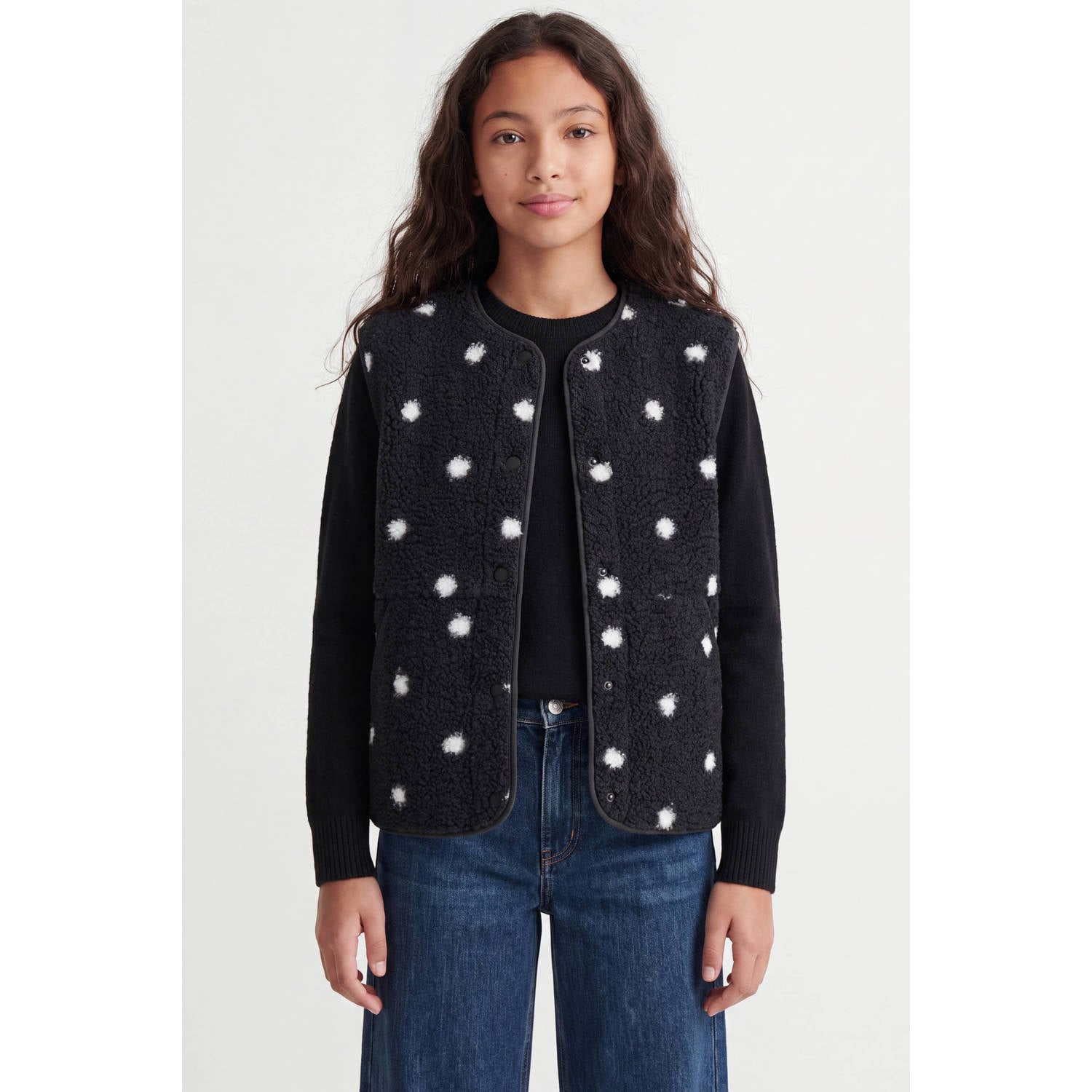 JJXX GIRL rechtvallend teddy gilet met stippen zwart