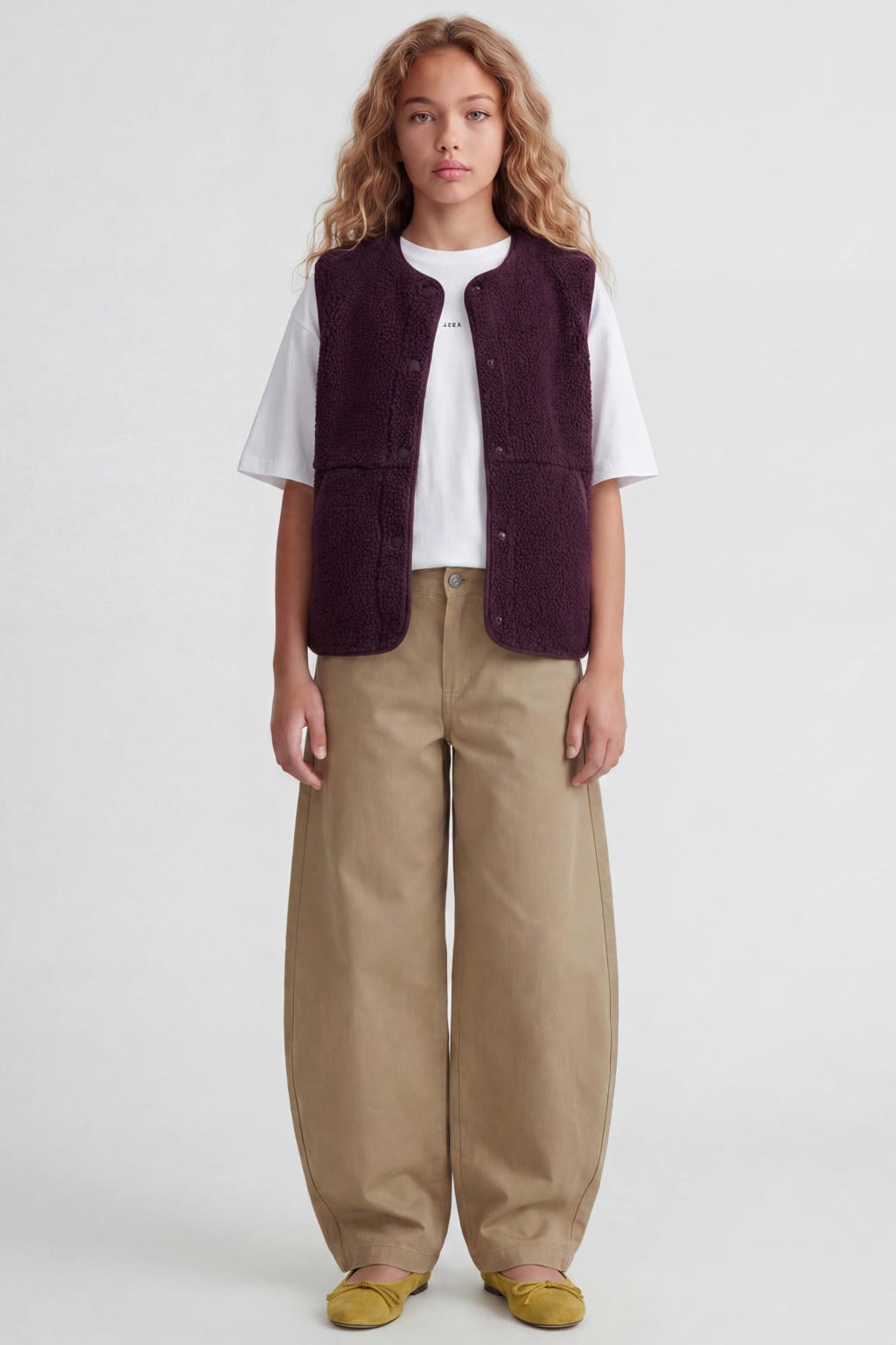 Donkerrode meisjes JJXX GIRL rechtvallend teddy gilet met effen, ronde hals en drukknoopsluiting