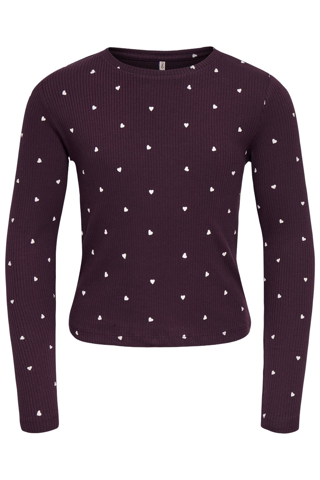 Donkerrood en witte meisjes KIDS ONLY GIRL longsleeve van stretchkatoen met hartjesprint, lange mouwen en ronde hals