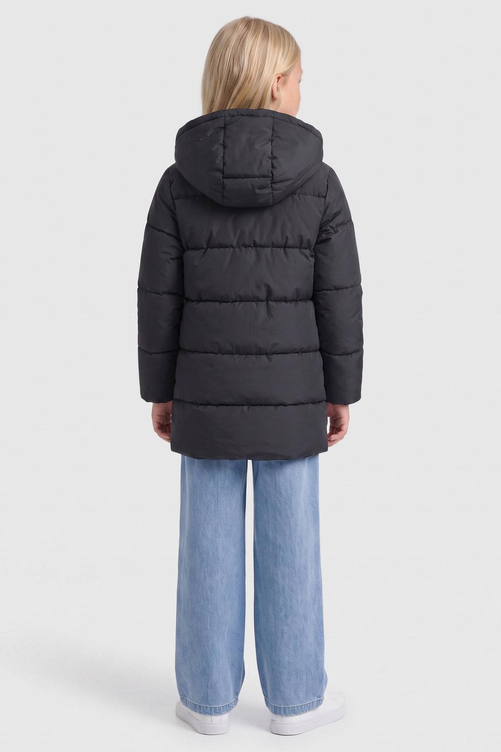 Zwarte meisjes KIDS ONLY GIRL gewatteerde winterjas van polyester met effen, lange mouwen, capuchon, ritssluiting en geweven detail