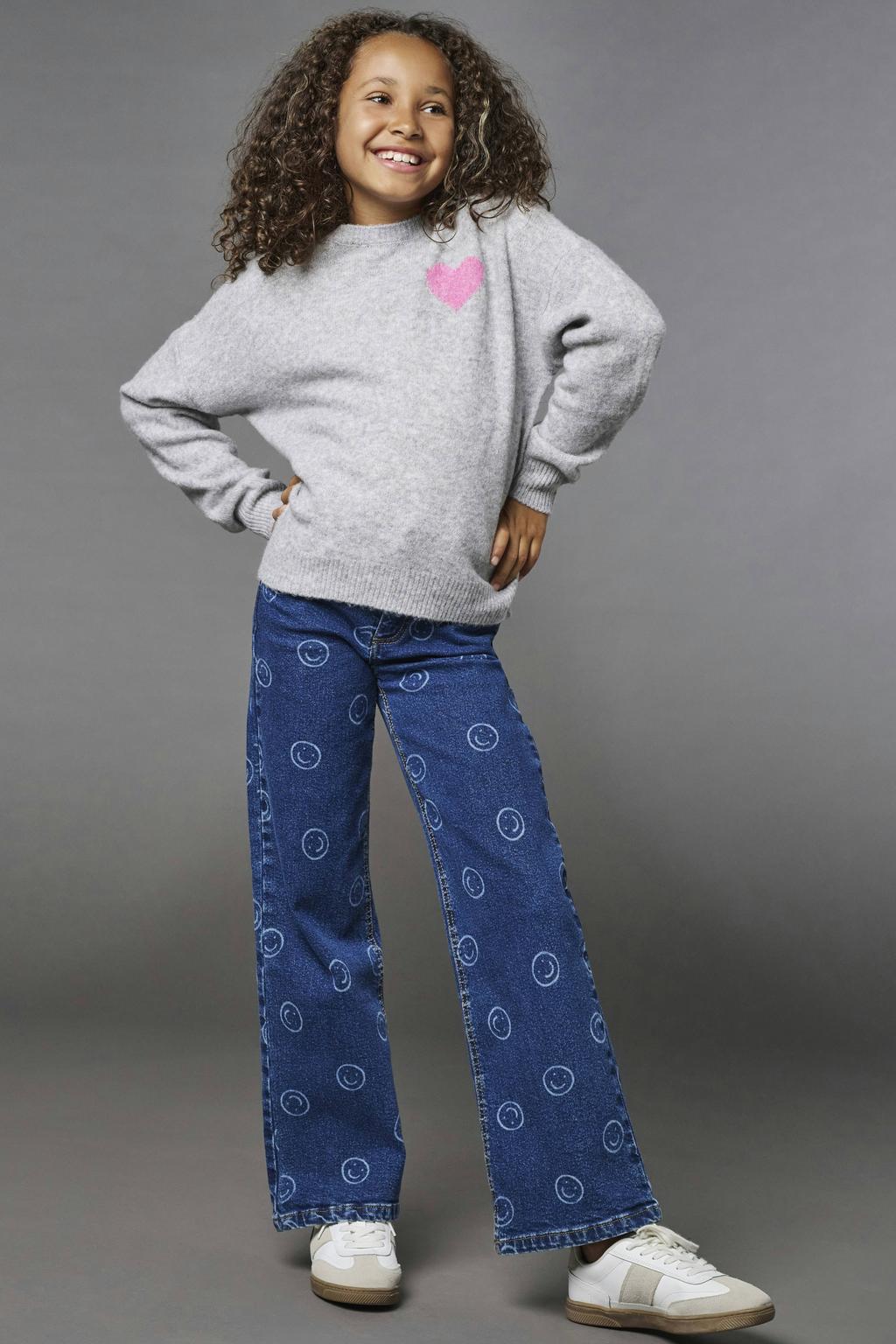 Dark blue denim meisjes KIDS ONLY GIRL regular waist wide leg jeans van denim met knoopsluiting