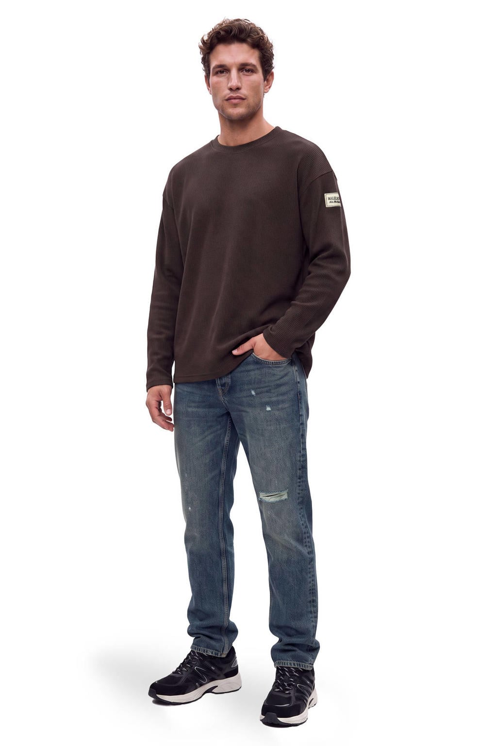 Bruine heren Malelions oversized longsleeve van katoen met effen, lange mouwen, ronde hals en geribde boorden