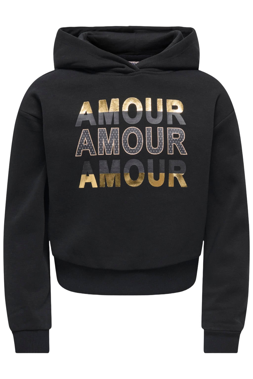 Zwarte meisjes KIDS ONLY GIRL rechtvallende hoodie van katoen met printopdruk, lange mouwen en capuchon