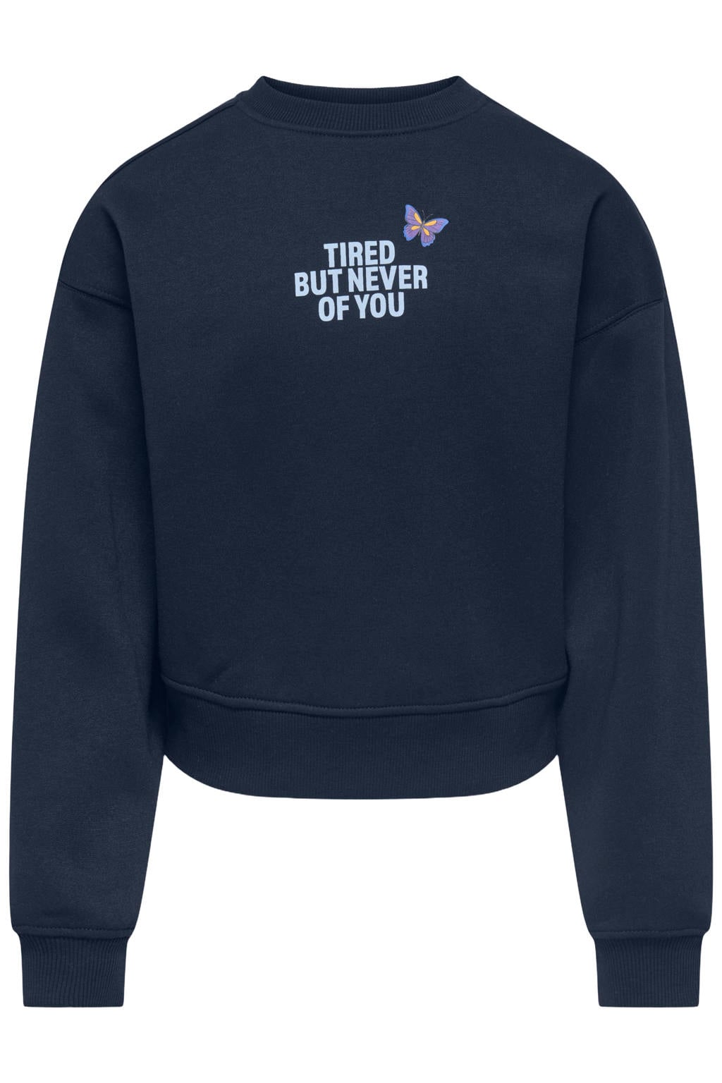 Donkerblauwe meisjes KIDS ONLY GIRL sweater van polyester met backprint, lange mouwen en ronde hals